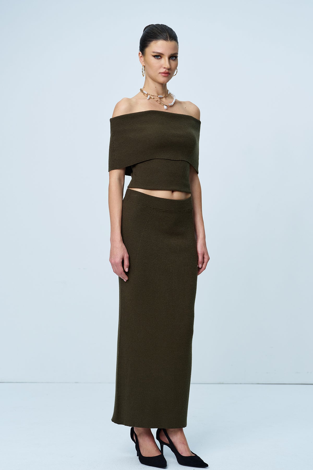 Stylish green dress | Aniston Strapless Ruch Split Knit Skirt Set In Green - Ideal for special occasions