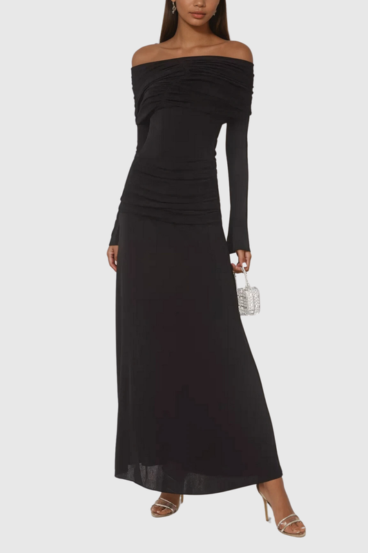 Ellalabel Anneke Off Shoulder Ruch Maxi Dress In Black - Crafted from High-quality Fabrication- Ideal for Wedding Guest and Formal Galas.