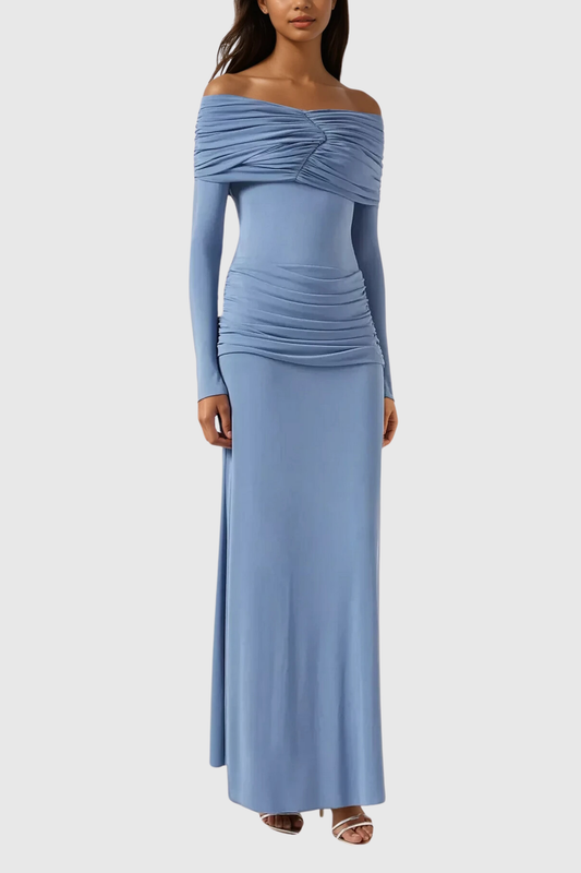 Ellalabel Anneke Off Shoulder Ruch Maxi Dress In Blue - Crafted from High-quality Fabrication- Ideal for Wedding Guest and Formal Galas.