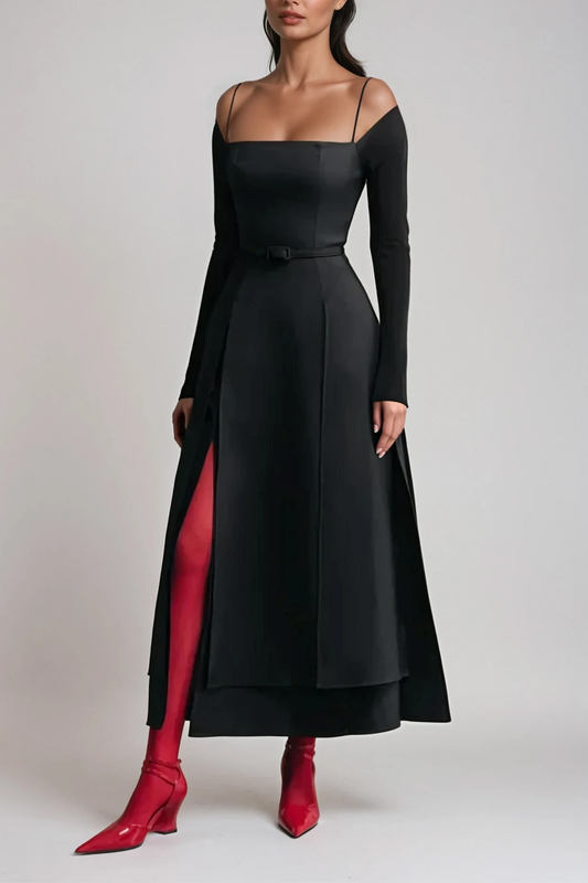 Ellalabel Annelien Lace Up Split Maxi Dress In Black - Crafted from Intricate Lace Fabrication- Ideal for Wedding Guest and Formal Galas.