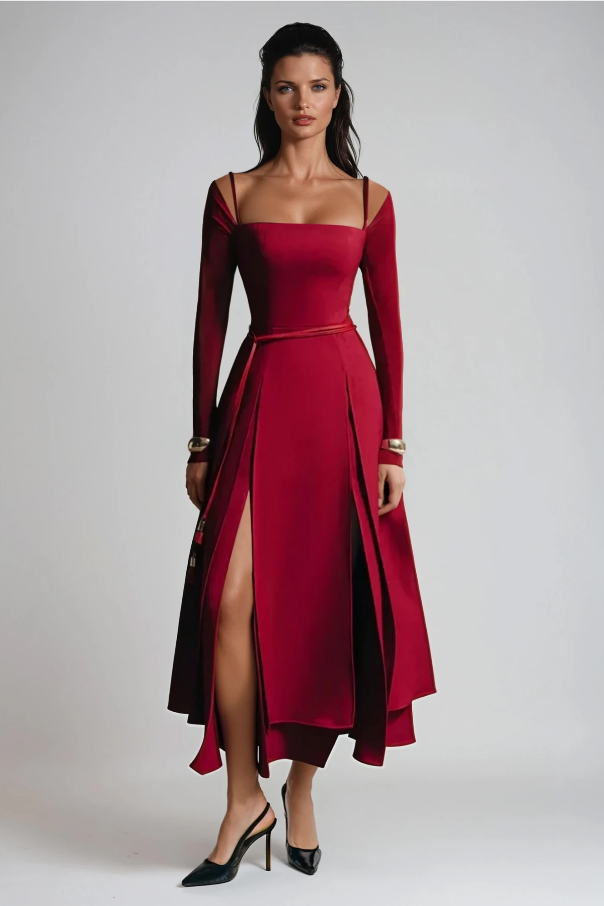 Annelien Lace Up Split Maxi Dress In Red - Stylish red dress for special occasions | Buy Online