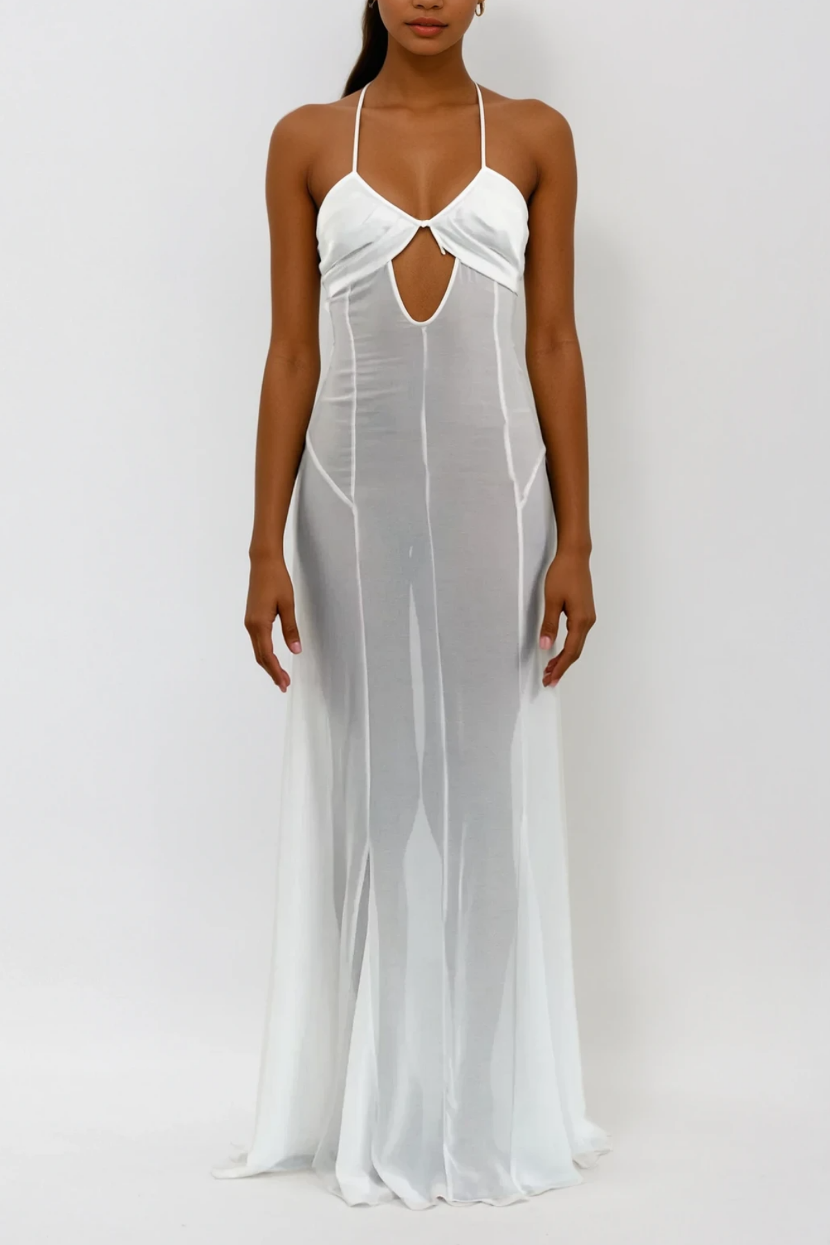 Stylish white dress | Annisa Mesh Cutout Lace Up Maxi Dress In White - Ideal for special occasions