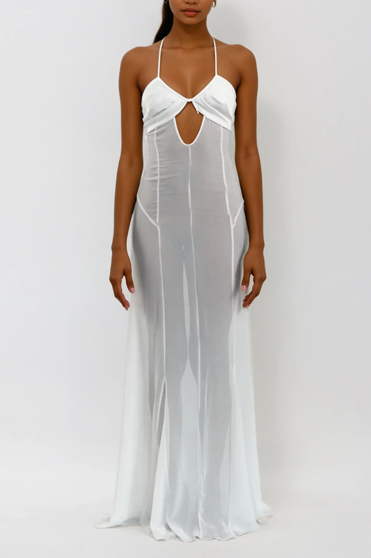 Ellalabel Annisa Mesh Cutout Lace Up Maxi Dress In White - Crafted from Intricate Lace Fabrication- Ideal for Wedding Guest and Formal Galas.
