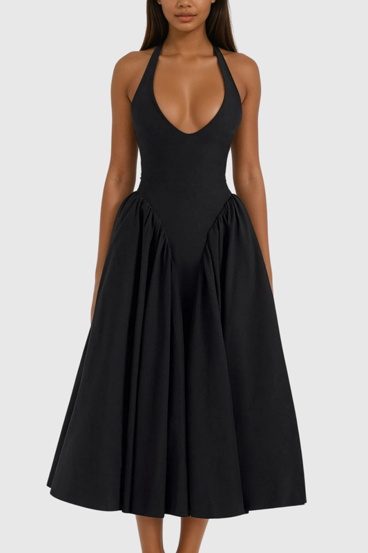 Ellalabel Annlea Halter Neck Bodycon Ruffle Maxi Dress In Black - Crafted from High-quality Fabrication- Ideal for Wedding Guest and Formal Galas.