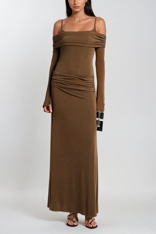 Ellalabel Annmarie Off Shoulder Ruch Maxi Dress In Brown - Crafted from High-quality Fabrication- Ideal for Wedding Guest and Formal Galas.