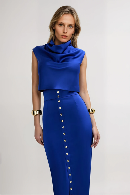 Ellalabel Anselm Button Sleeveless Skirt Set In Blue - Crafted from High-quality Fabrication - Designed for Elegant Occasions.