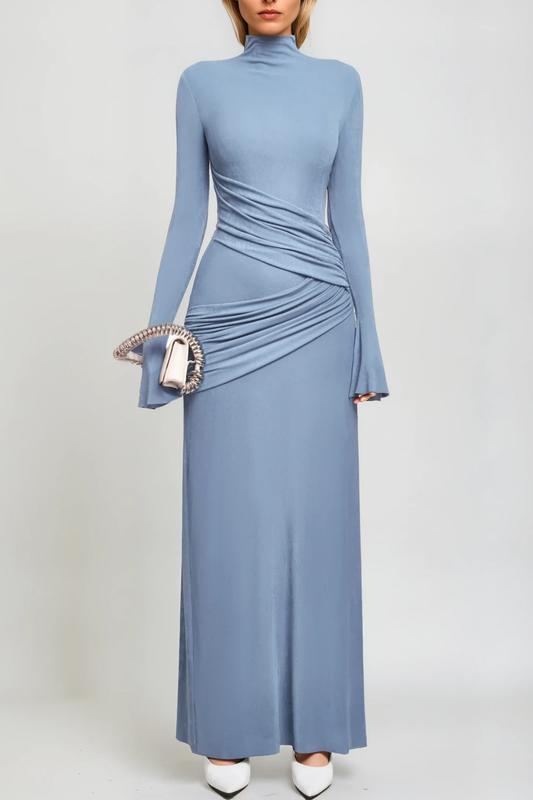 Ellalabel Anstice Ruch Bodycon Long Sleeve Maxi Dress In Blue - Crafted from High-quality Fabrication- Ideal for Wedding Guest and Formal Galas.