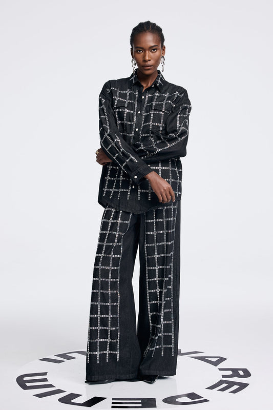 Ellalabel Aodh Rhinestone Grid Denim Shirt Pants Set In Black - Crafted from High-quality Fabrication - Designed for Elegant Occasions.