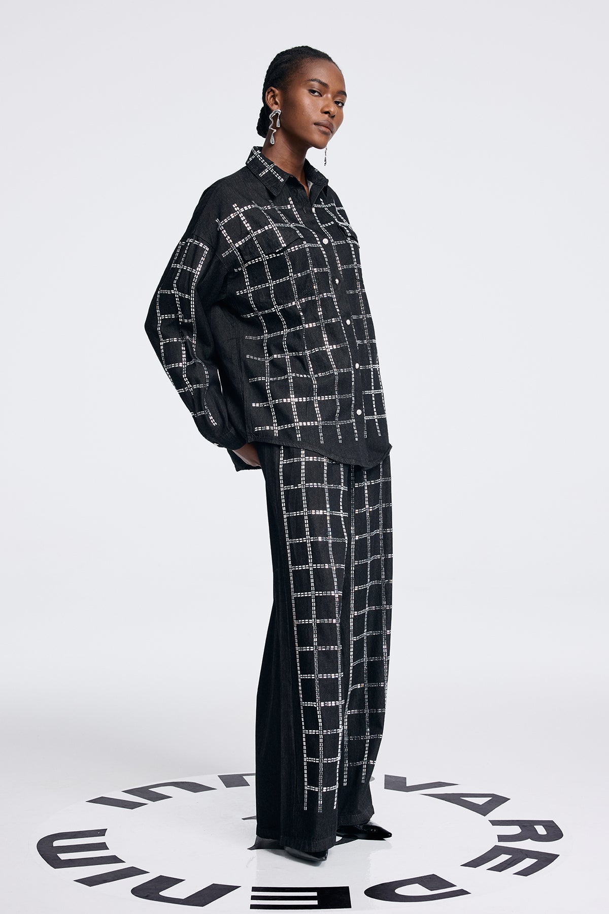 Stylish black dress | Aodh Rhinestone Grid Denim Shirt Pants Set In Black - Ideal for special occasions