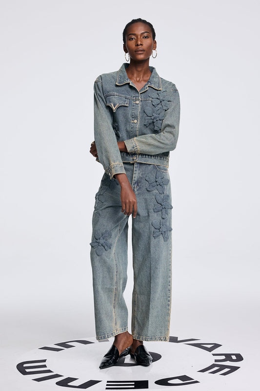 Ellalabel Aparawa Flower Denim Pants Set - Crafted from High-quality Fabrication - Designed for Elegant Occasions.