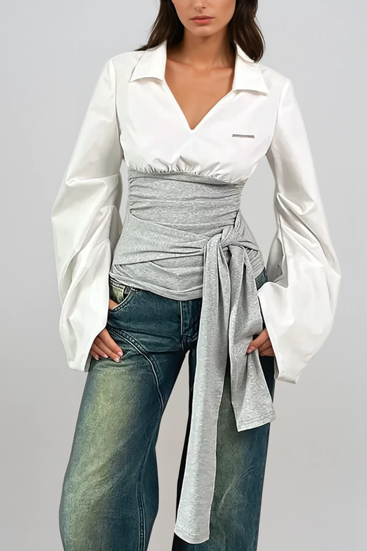 Ellalabel Arabia Deconstruct Lace Up Plunge Shirt - Crafted from Intricate Lace Fabrication - Designed for Elegant Occasions.