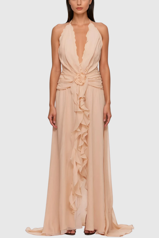 Ellalabel Aradhya Flower Ruffle Halter Neck Mesh Maxi Dress In Pink - Crafted from High-quality Fabrication- Ideal for Wedding Guest and Formal Galas.