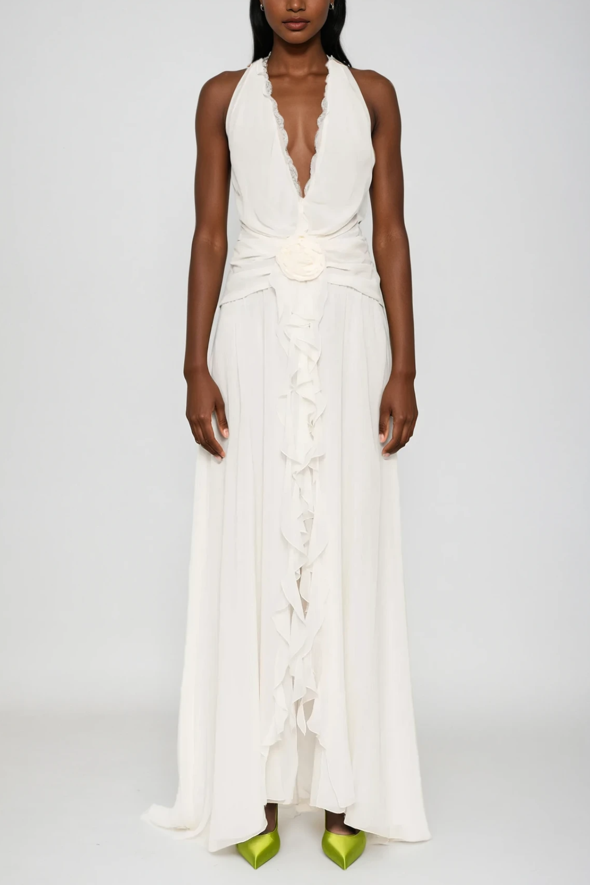 Aradhya Flower Ruffle Halter Neck Mesh Maxi Dress In White - Stylish white dress for special occasions | Buy Online