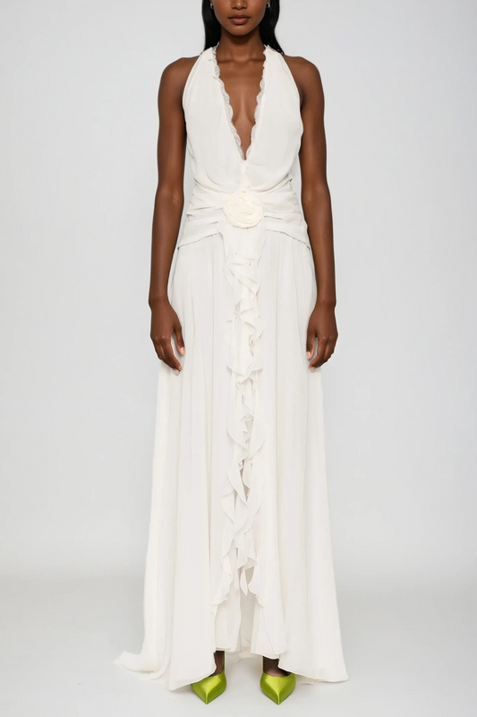 Ellalabel Aradhya Flower Ruffle Halter Neck Mesh Maxi Dress In White - Crafted from High-quality Fabrication- Ideal for Wedding Guest and Formal Galas.