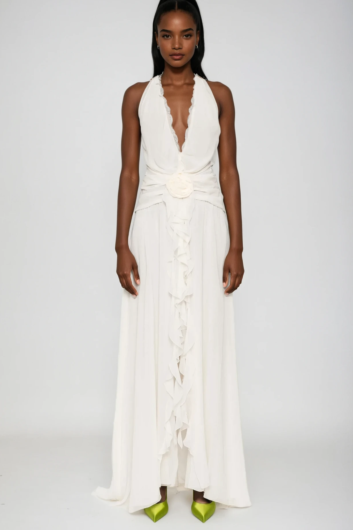 Stylish white dress | Aradhya Flower Ruffle Halter Neck Mesh Maxi Dress In White - Ideal for special occasions