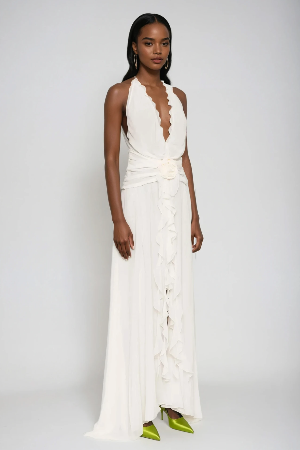 Aradhya Flower Ruffle Halter Neck Mesh Maxi Dress In White