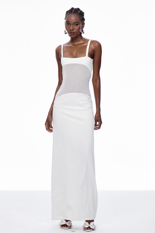 Ellalabel Aram Mesh Spaghetti Sleeveless Maxi Dress In White - Crafted from High-quality Fabrication- Ideal for Wedding Guest and Formal Galas.
