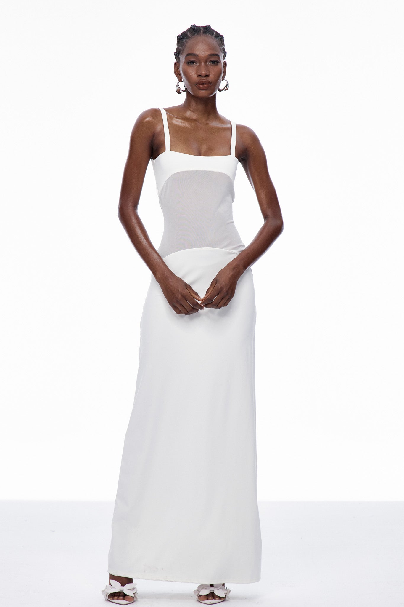 Stylish white dress | Aram Mesh Spaghetti Sleeveless Maxi Dress In White - Ideal for special occasions