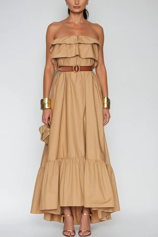 Ellalabel Aramina Ruch Strapless Ruffle Maxi Dress - Crafted from High-quality Fabrication- Ideal for Wedding Guest and Formal Galas.