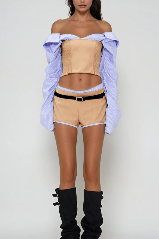 Ellalabel Ardice Off Shoulder Buckle Short Pants Set - Crafted from High-quality Fabrication- Best for Cocktail Parties and Night Out.