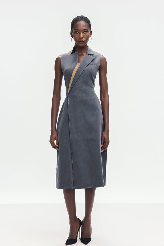 Ellalabel Ardon Asymmetric Split Sleeveless Maxi Dress In Grey - Crafted from High-quality Fabrication- Ideal for Wedding Guest and Formal Galas.