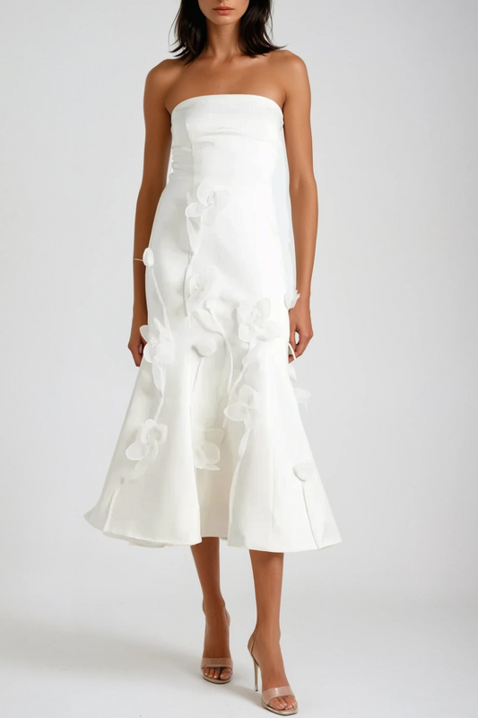 Ellalabel Aren Strapless Flower Ruffle Midi Dress - Crafted from High-quality Fabrication- Perfect for Garden Parties and Resort Wear.