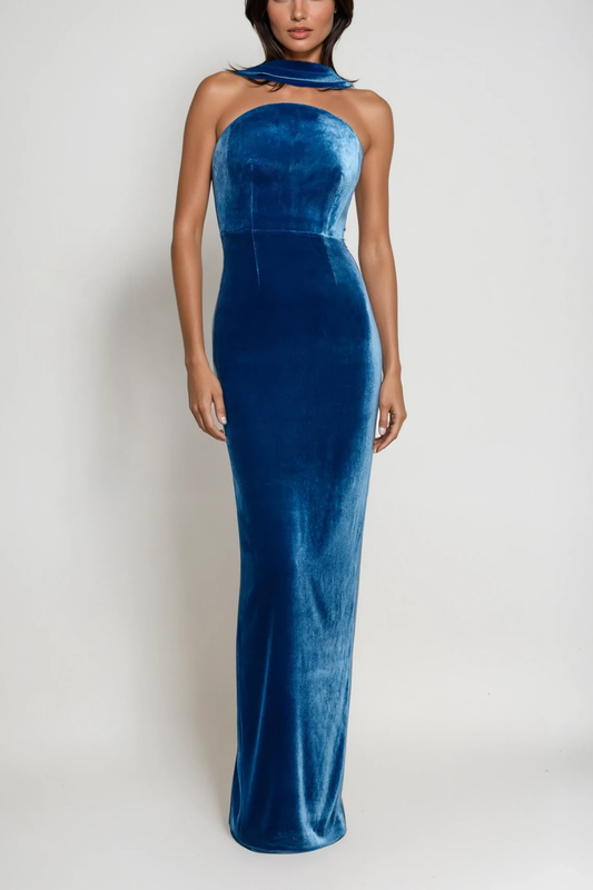 Ellalabel Argyro Ruch Backless Split Velvet Maxi Dress - Crafted from Luxury Velvet- Ideal for Wedding Guest and Formal Galas.