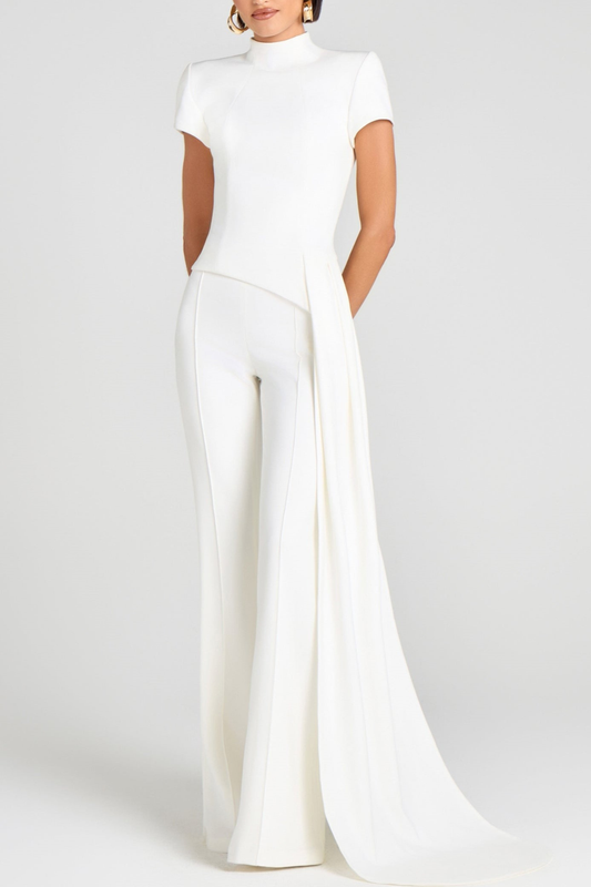 Ellalabel odelette Sculpted High Neck Pants Set - White - Crafted from High-quality Fabrication - Designed for Elegant Occasions.