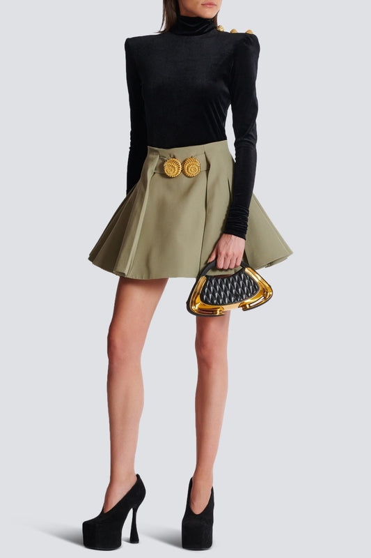 Ellalabel Asina Gold Buttoned Mini Skirt - Khaki - Crafted from High-quality Fabrication- Best for Cocktail Parties and Night Out.