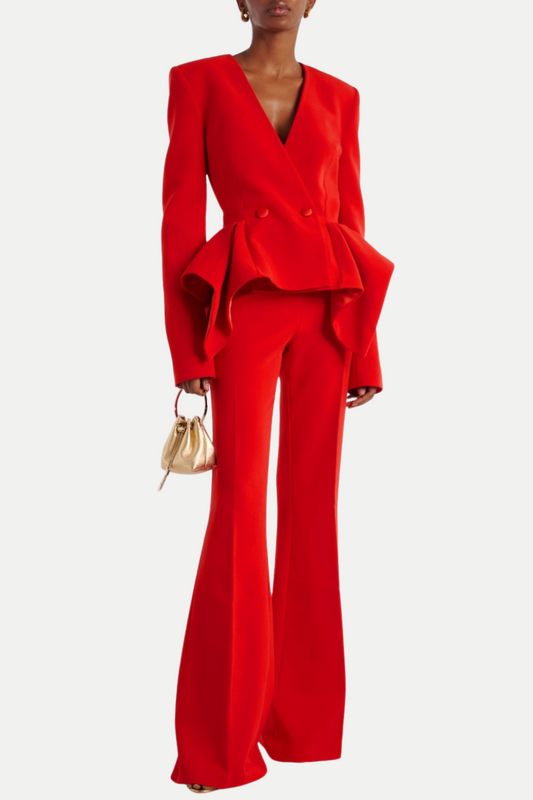 Ellalabel Audith Ruffled Blazer Two Piece Set in RED - Crafted from High-quality Fabrication - Designed for Elegant Occasions.
