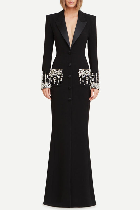 Ellalabel Aurora Crystal Embellished Blazer Maxi Dress in BLACK - Crafted from High-quality Fabrication- Ideal for Wedding Guest and Formal Galas.
