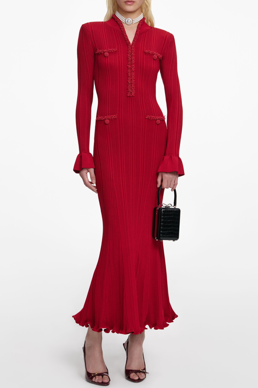 Ellalabel agatha red Pearl Trim Knit Midi Dress - Crafted from Soft-touch Fine Knit- Perfect for Garden Parties and Resort Wear.