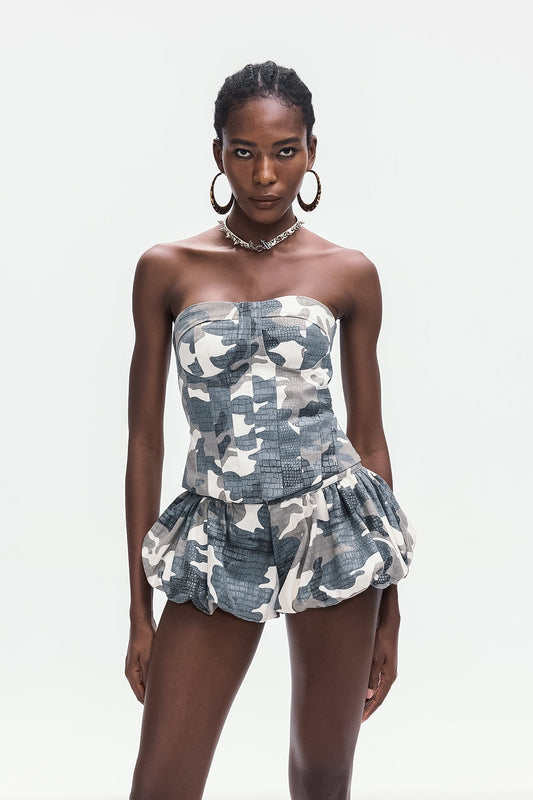 Ellalabel Baara Camouflage Print Corset Lace Up Skirt Set - Crafted from Intricate Lace Fabrication - Designed for Elegant Occasions.