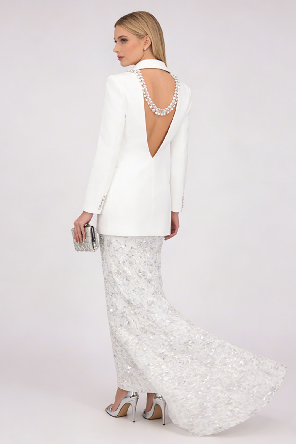 vivien Backless Crystal Sequin-embellished Blazer Lace Maxi Skirt