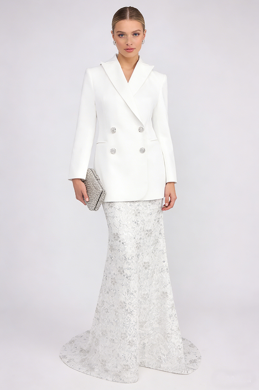 Ellalabel vivien Backless Crystal Sequin-embellished Blazer Lace Maxi Skirt in White(Coats) - Crafted from Intricate Lace Fabrication- Ideal for Wedding Guest and Formal Galas.