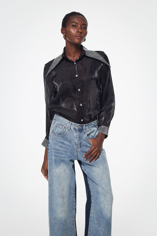 Ellalabel Badurad Rhinestone Lapel Shirt In Black - Crafted from High-quality Fabrication - Designed for Elegant Occasions.