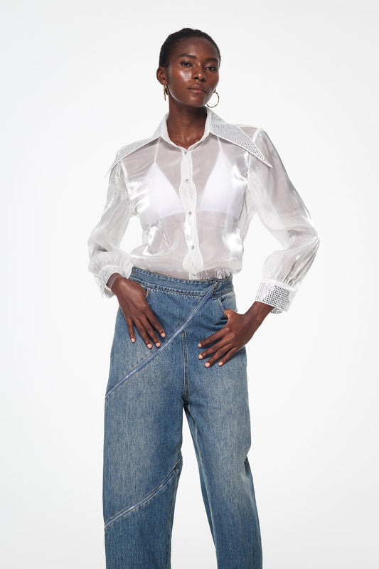 Ellalabel Badurad Rhinestone Lapel Shirt In White - Crafted from High-quality Fabrication - Designed for Elegant Occasions.