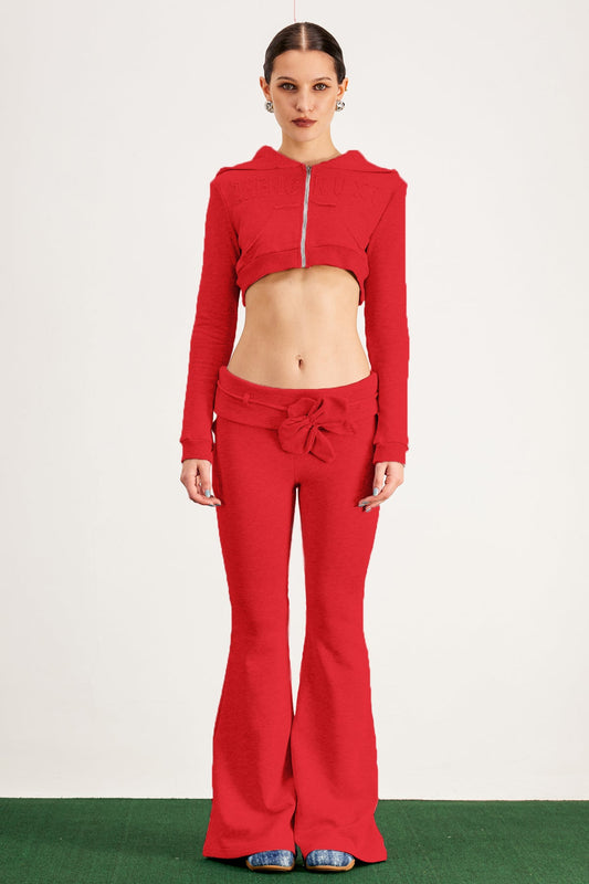 Ellalabel Bao Hooded Crop Bootcut Pants Set In Red - Crafted from High-quality Fabrication - Designed for Elegant Occasions.