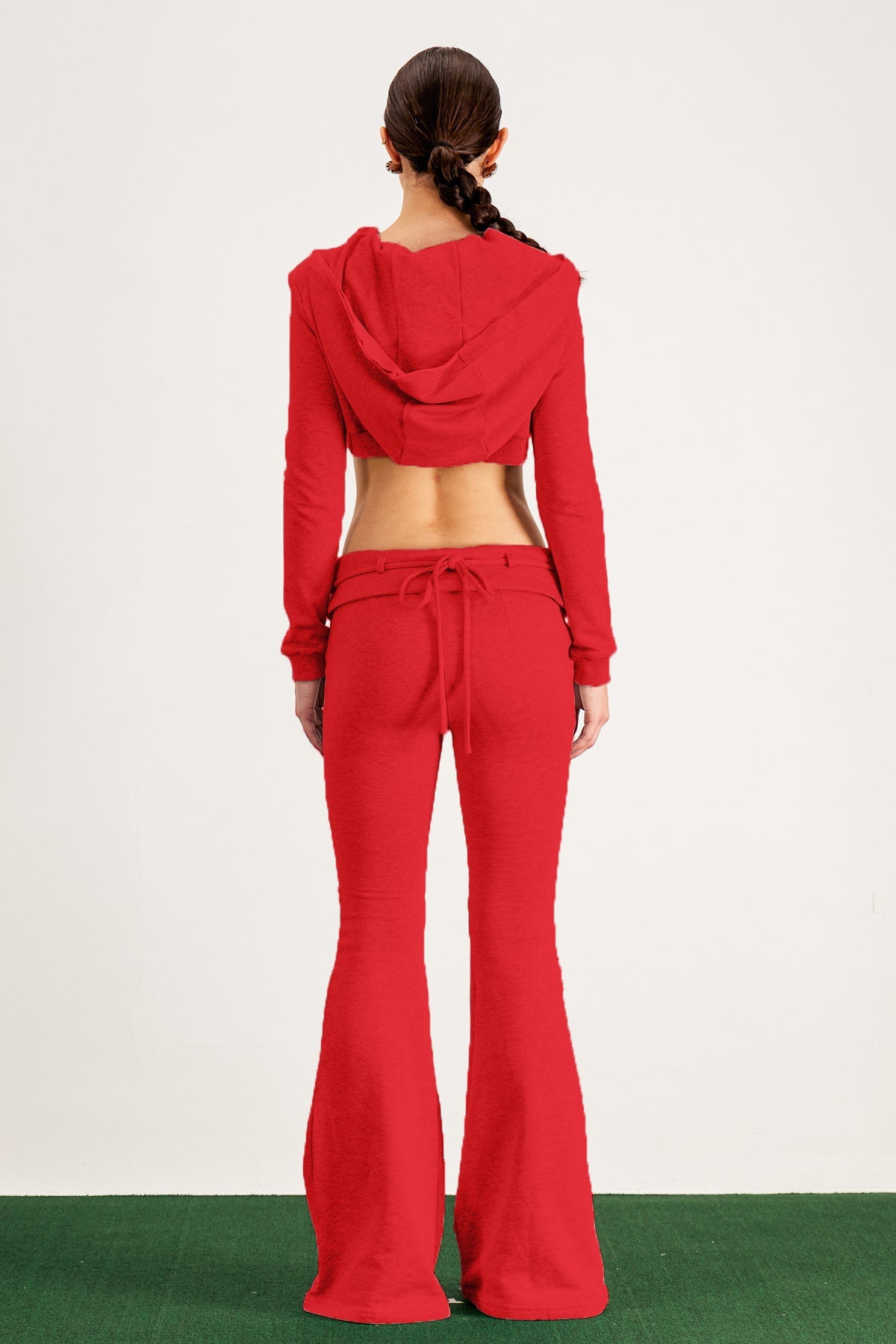 Bao Hooded Crop Bootcut Pants Set In Red