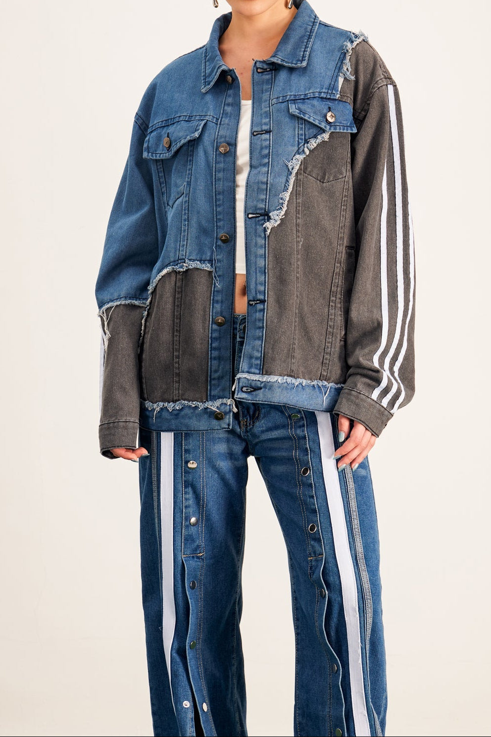 sharon Asymmetric Deconstruct Stripe Denim Jacket