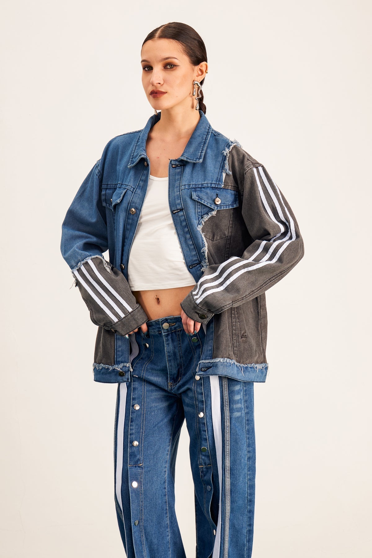 sharon Asymmetric Deconstruct Stripe Denim Jacket