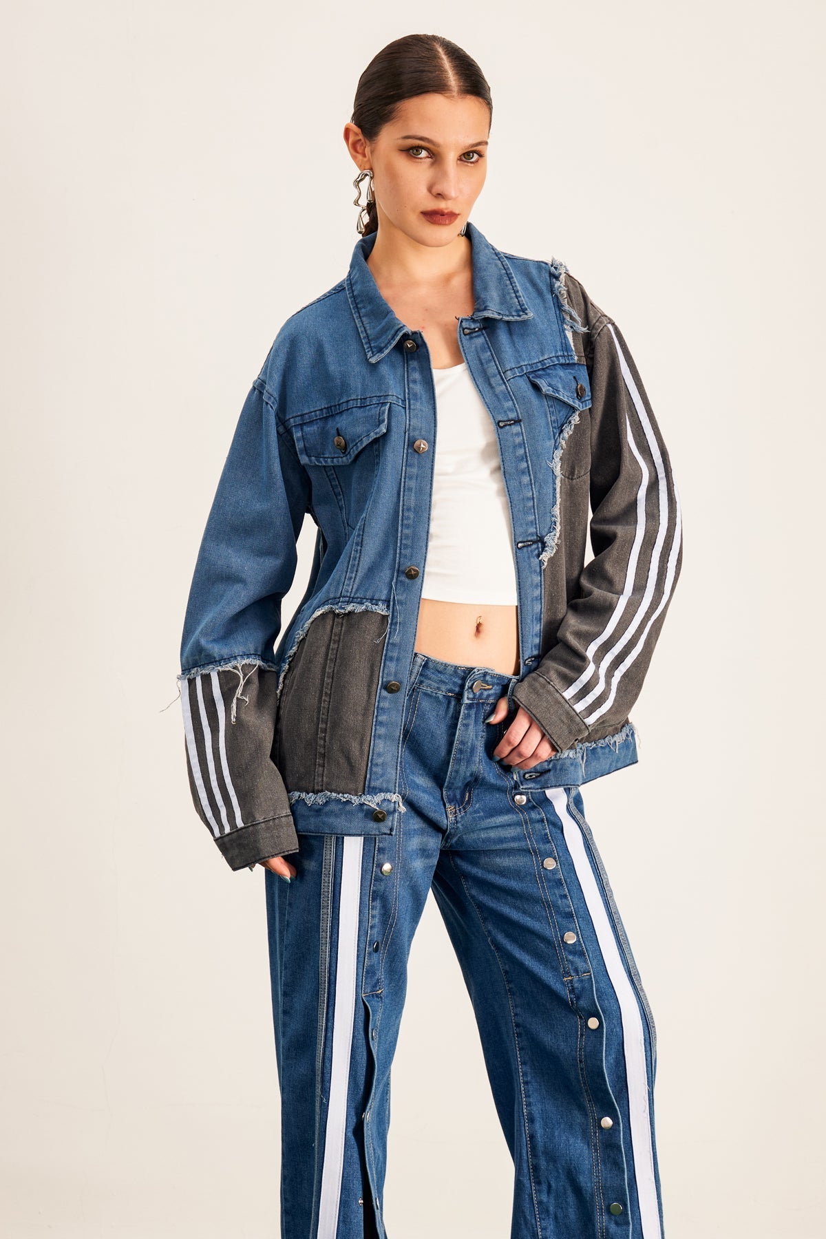 sharon Asymmetric Deconstruct Stripe Denim Jacket