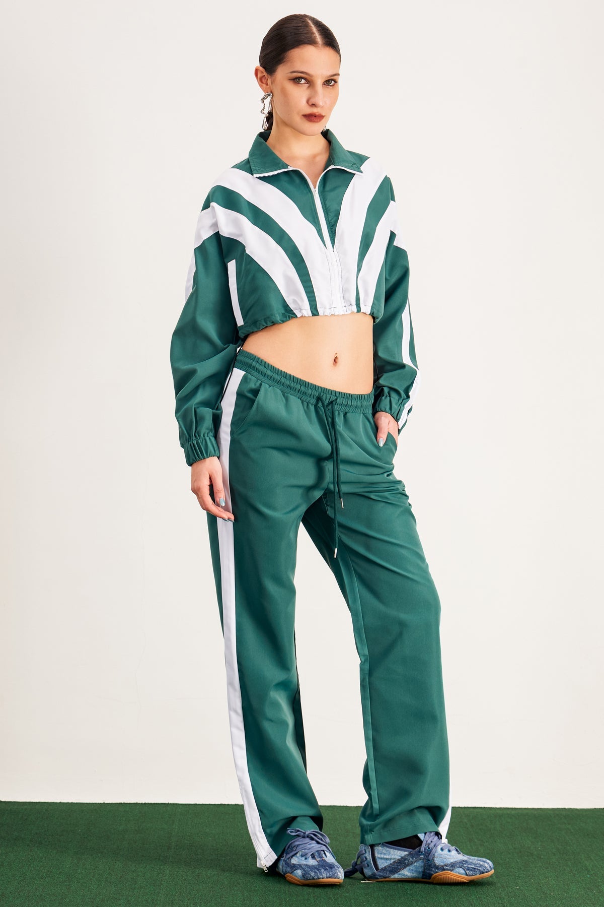 Stylish green dress | Baron Stripe Pants Set In Green - Ideal for special occasions