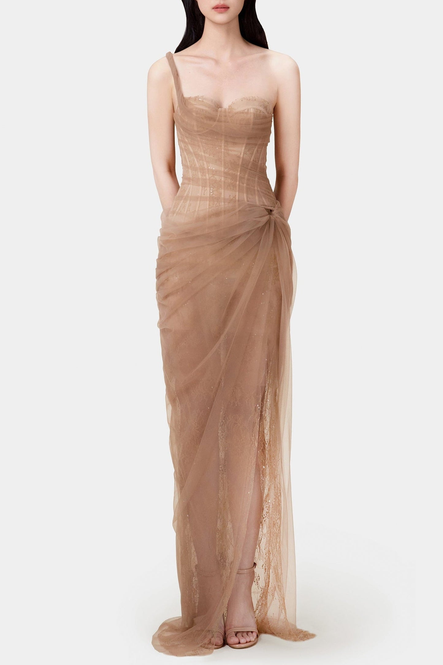 Stylish brown dress | Inina Lace Corset One Shoulder Midi Dress - Brown - Ideal for special occasions