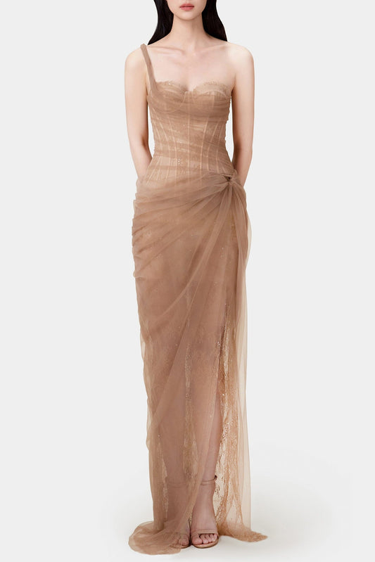 Ellalabel Inina Lace Corset One Shoulder Midi Dress - Brown - Crafted from Intricate Lace Fabrication- Perfect for Garden Parties and Resort Wear.