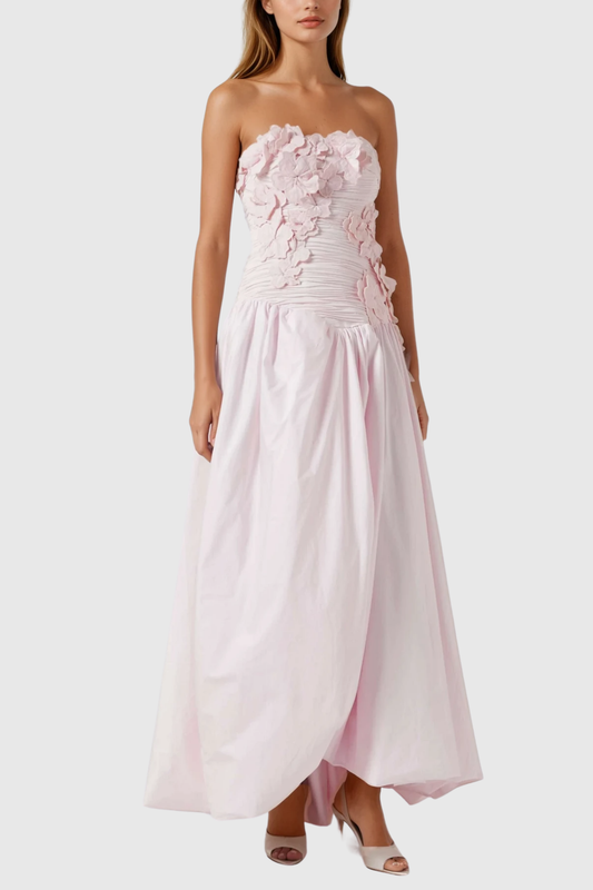 Ellalabel Batsheva Strapless Flower Ruch Puffy Maxi Dress - Crafted from High-quality Fabrication- Ideal for Wedding Guest and Formal Galas.