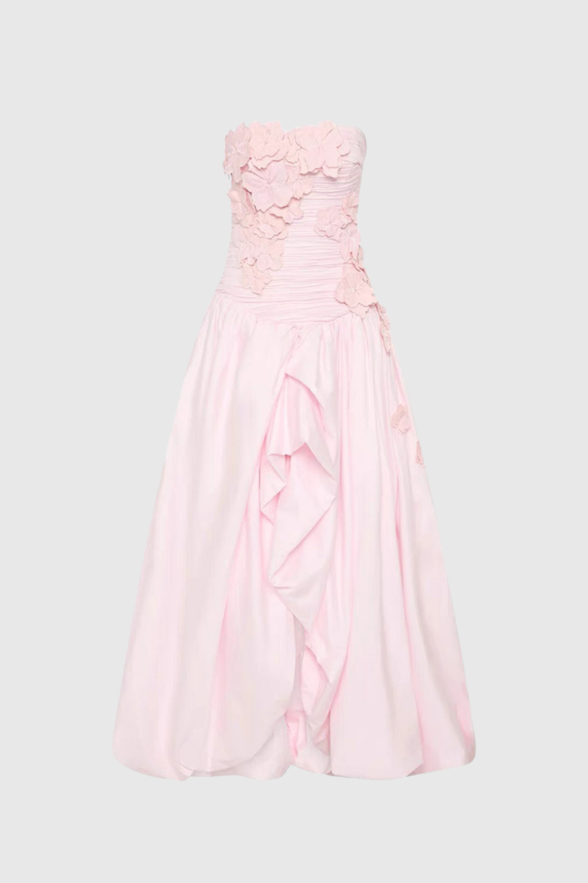 Batsheva Strapless Flower Ruch Puffy Maxi Dress