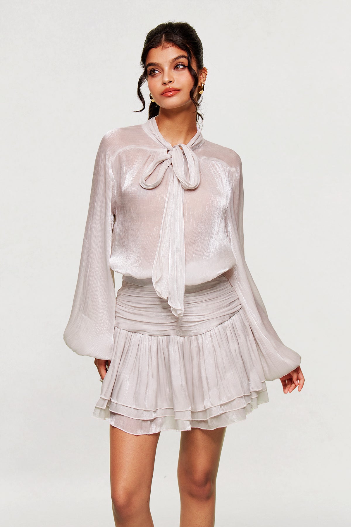 Bayleigh Lace Up Ruch Mesh Skirt Set In Sliver