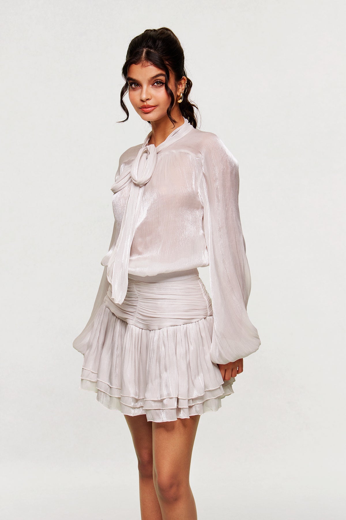 Shop  beautiful dress - Perfect for special occasions | Bayleigh Lace Up Ruch Mesh Skirt Set In Sliver