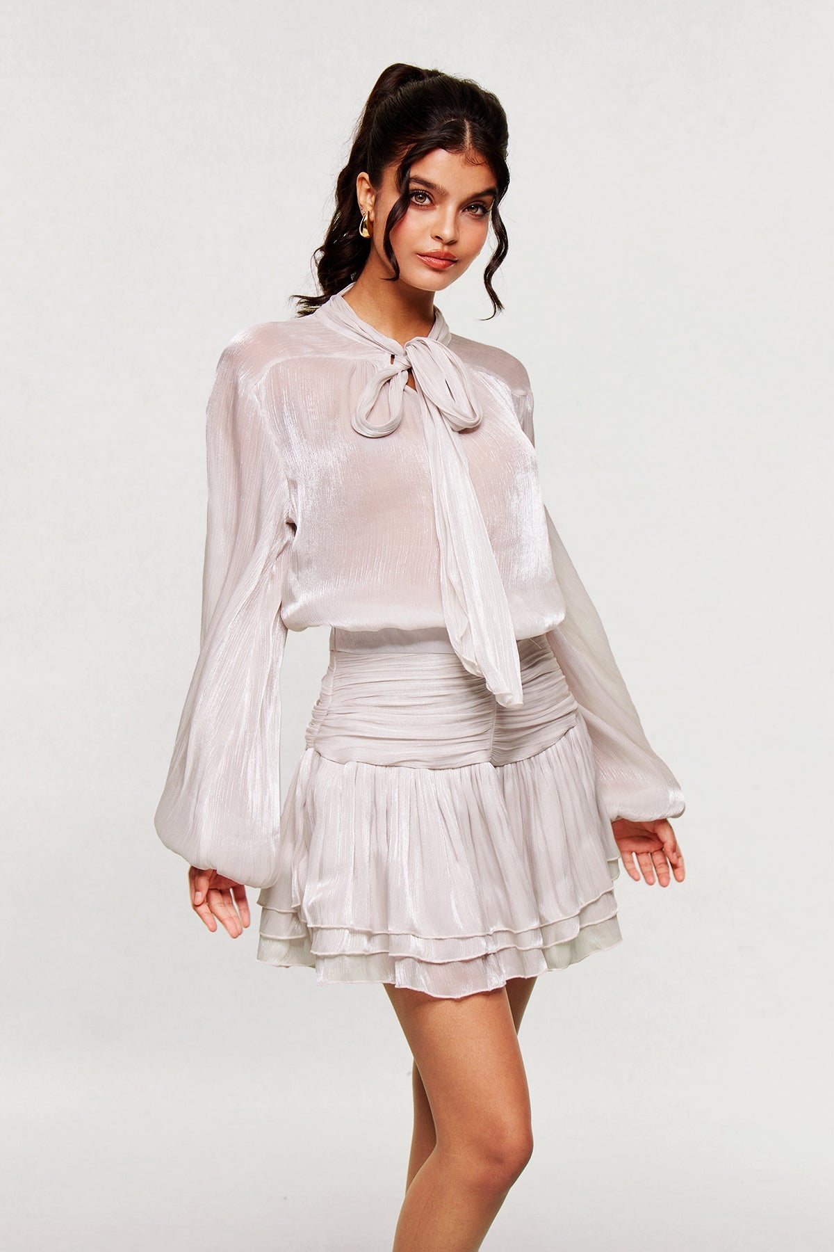 Stylish beautiful dress | Bayleigh Lace Up Ruch Mesh Skirt Set In Sliver - Ideal for special occasions